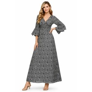 LAPOGEE Women Maxi Dress Size L Boho Geometric Bell Sleeve Smocked Waist Long